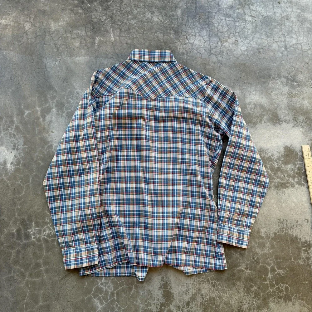 Vintage 70's Levis E Plaid Western Shirt S/M Blue Pearl Snap Long Sleeve Cowboy